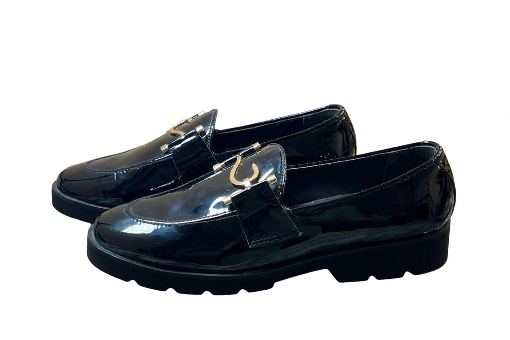 Men's Black Patent Leather Horsebit Loafers | Gold S-Buckle Platform Loafers | Formal Slip-On Dress Shoes