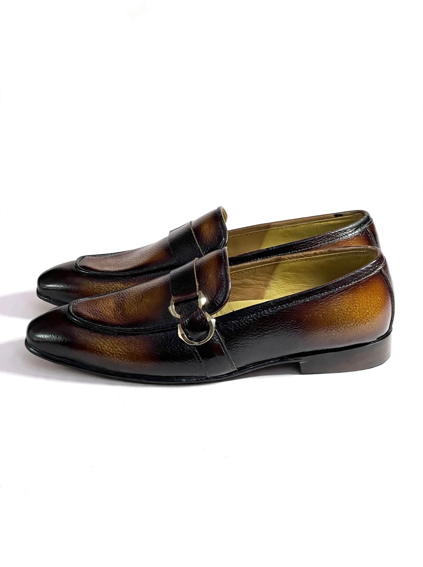 Men's Two-Tone Burnished Leather Loafers with Gold Buckle - Handcrafted Dress Shoes