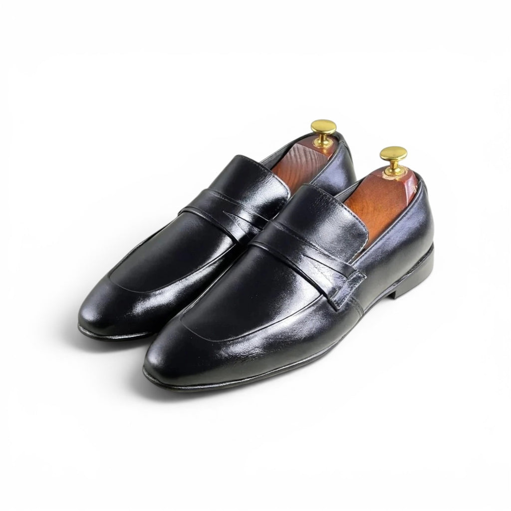 Aelito Men's Black Leather Penny Loafers - Slip-On Dress Shoes
