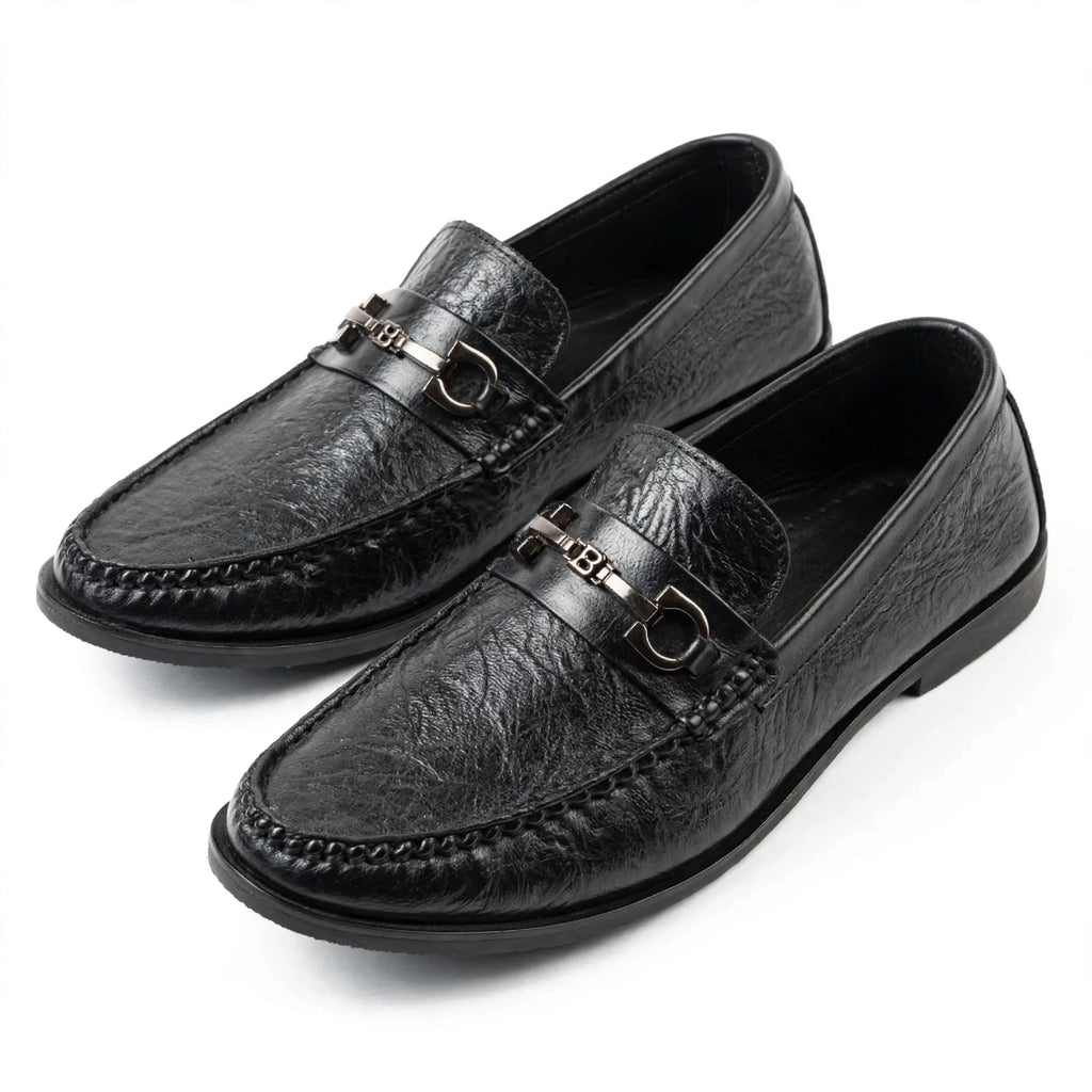 Men's Premium Black Textured Leather Loafers | Stylish Horsebit Buckle Slip-On | Formal Office
