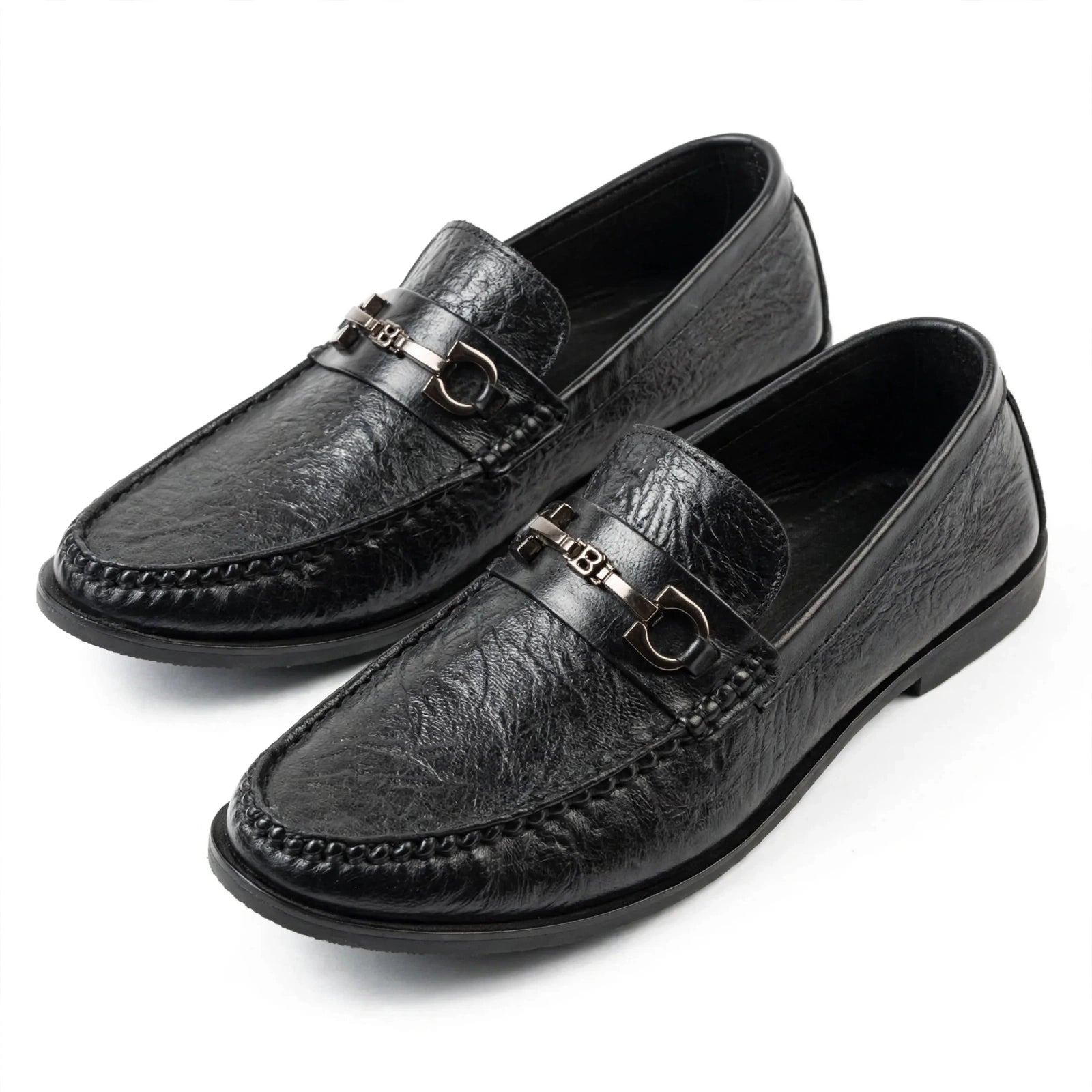Men's Premium Black Textured Leather Loafers | Stylish Horsebit Buckle Slip-On | Formal Office