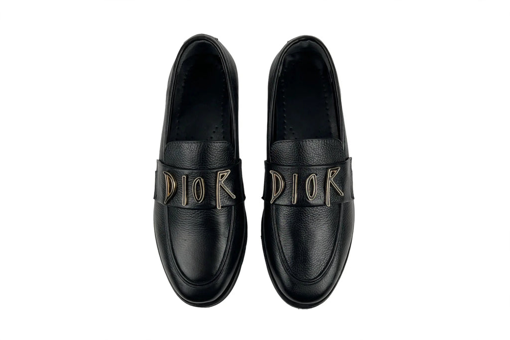 Dior Men's Black Leather Loafers with Gold Logo Detail - Classic Slip-On Formal Shoes