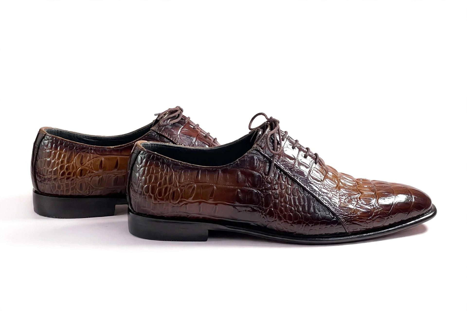 Crocodile Embossed Leather Oxford Dress Shoes – Handmade Glossy Brown Formal Shoes
