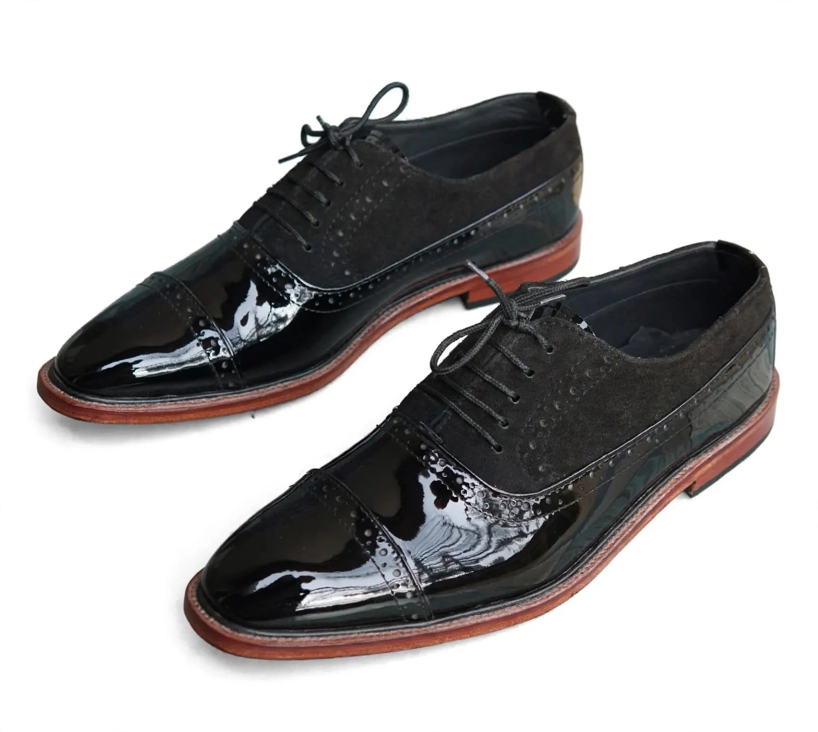 Aelito Men's Black Patent & Suede Cap-Toe Oxford Dress Shoes