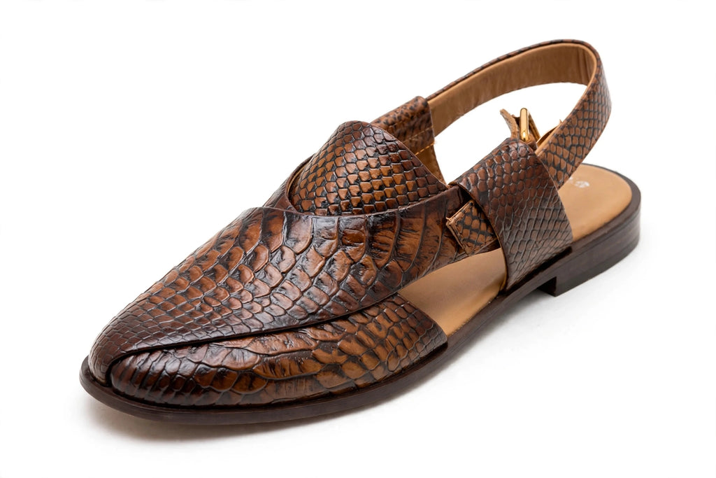Men's Brown Python Peshawari - Crocodile Snakeskin Embossed P-Cap Chappal with Buckle Strap | Glossy Edition