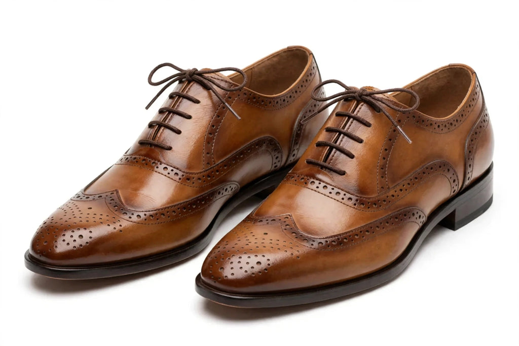 Men's Tan Brown Brogue Oxford - Burnished Wingtip Lace-Up Formal Shoes