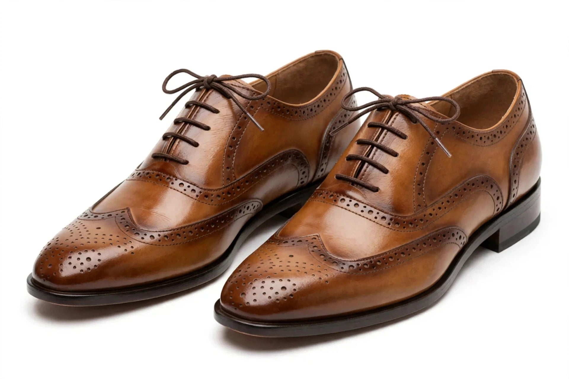 Men's Tan Brown Brogue Oxford - Burnished Wingtip Lace-Up Formal Shoes