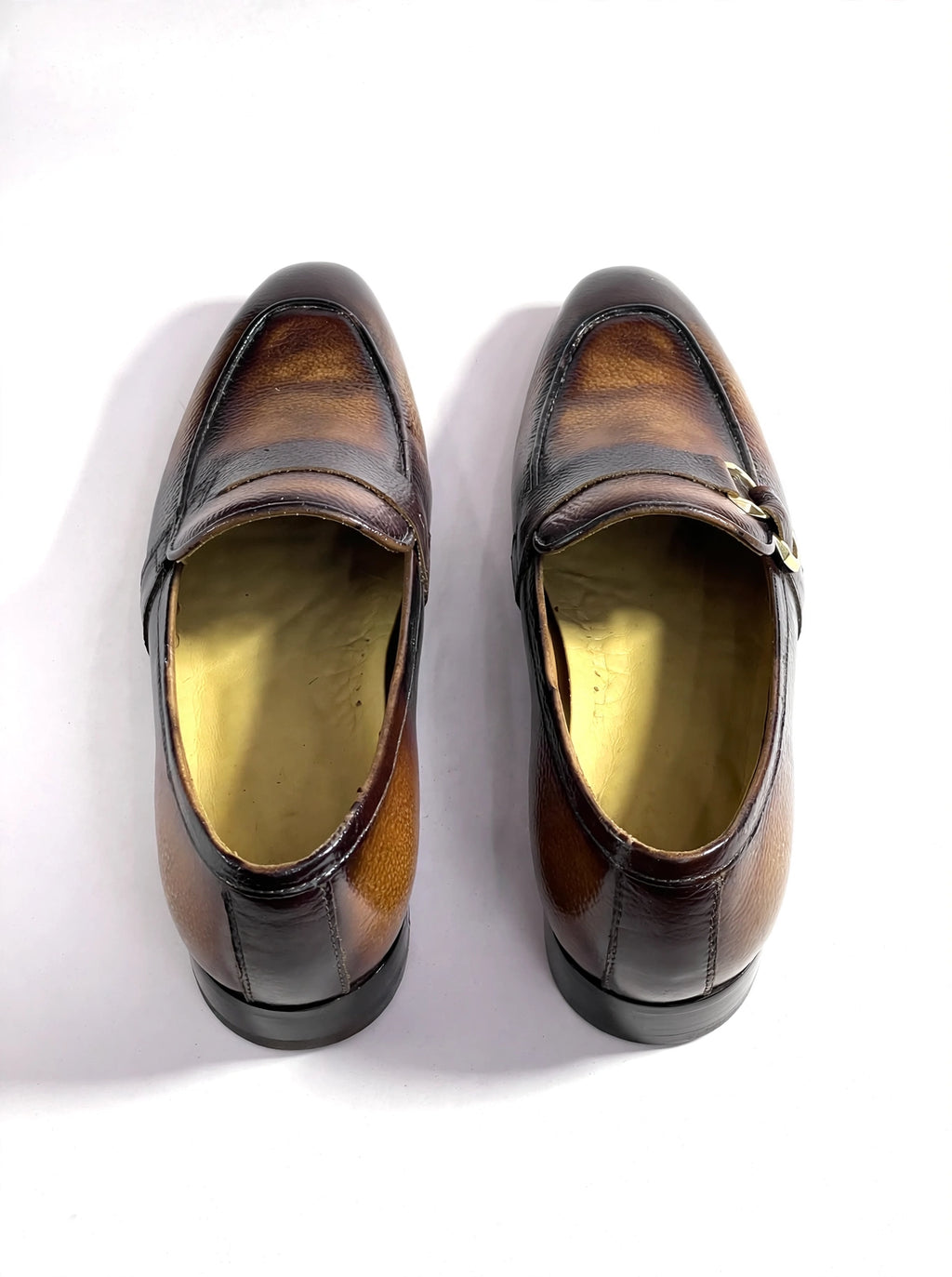 Men's Two-Tone Burnished Leather Loafers with Gold Buckle - Handcrafted Dress Shoes