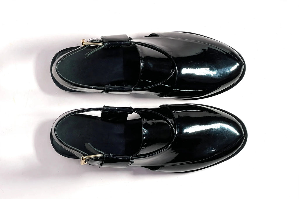 Men's Black Patent Leather Peshawari Chappal Sandals with Gold Buckle