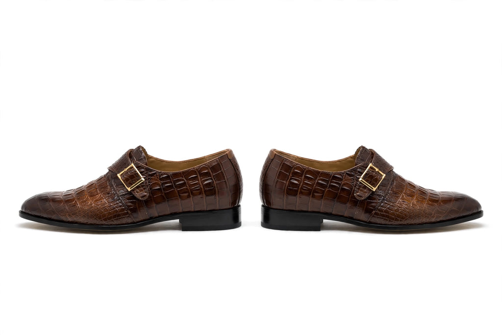 Men's Brown Crocodile Monk Strap Loafers - Glossy Formal Dress Shoes with Gold Buckle | Handcrafted Luxury