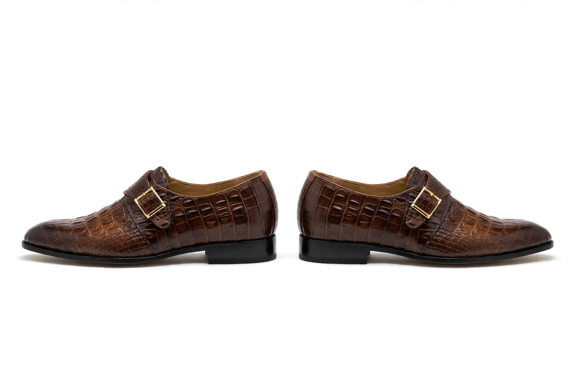 Men's Brown Crocodile Monk Strap Loafers - Glossy Formal Dress Shoes with Gold Buckle | Handcrafted Luxury