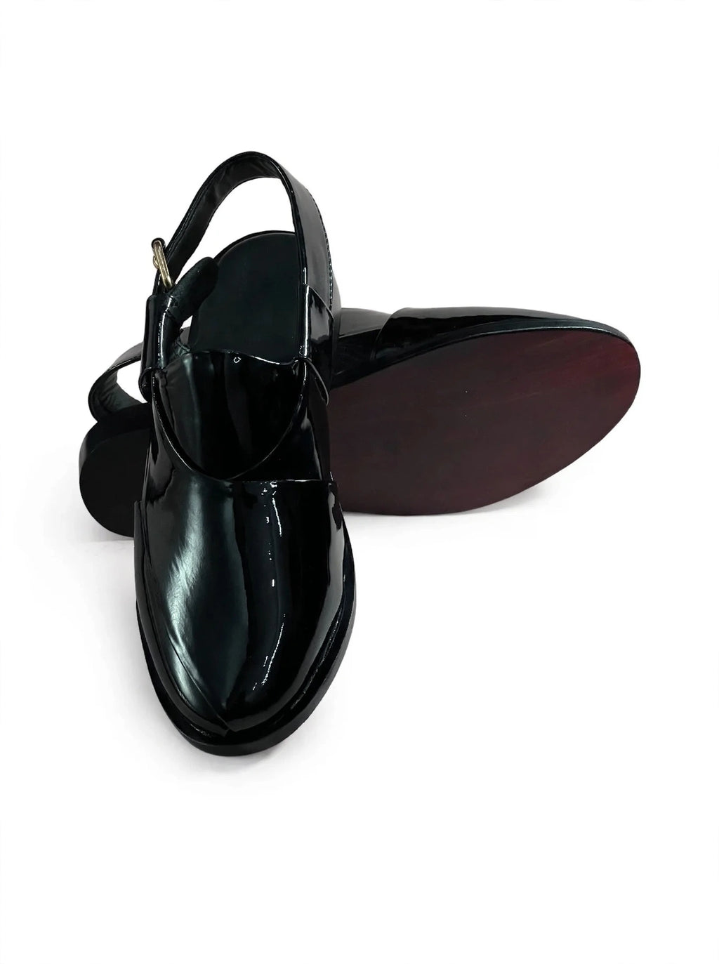 Men's Black Patent Leather Peshawari Chappal Sandals with Gold Buckle
