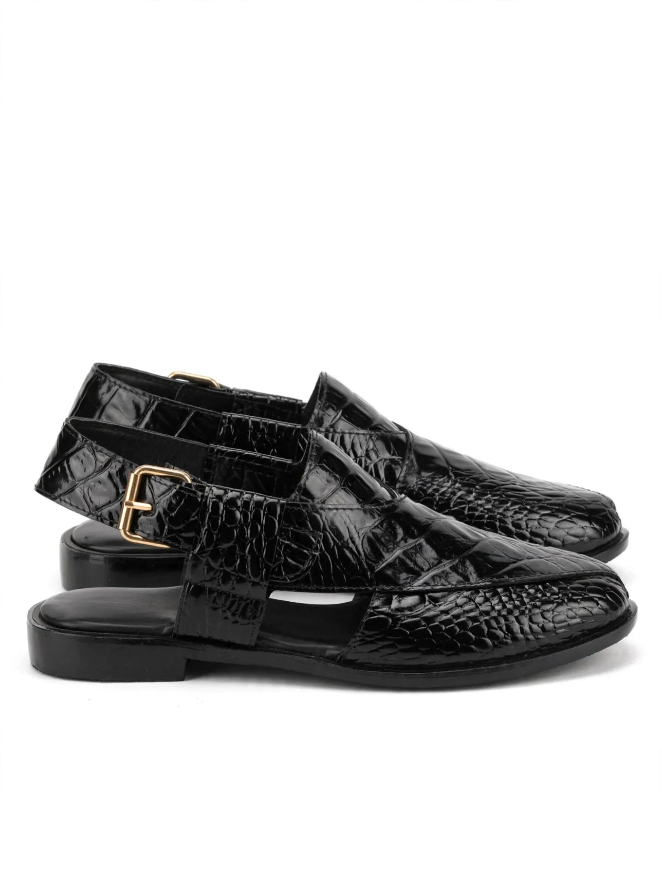 Premium Black Crocodile Texture Peshawari Chappal | Glossy Leather | Gold Buckle | Traditional Handmade