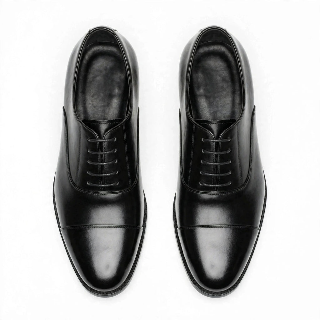 Men's Black Cap-Toe Oxford - Glossy Patent Formal Lace-Up Dress Shoes | Blackout Edition