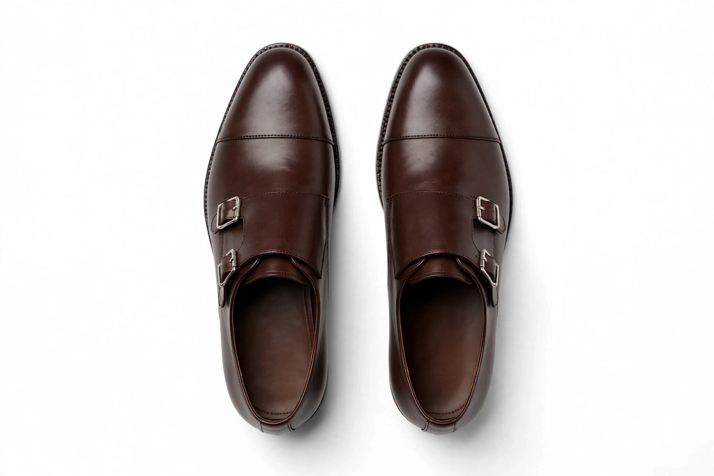 Aelito Men's Premium Brown Leather Double Monk Strap Cap Toe Dress Shoes