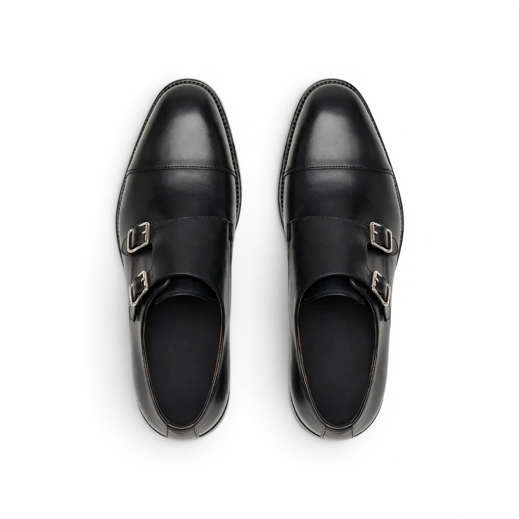 Aelito Handcrafted Black Cap Toe Double Monk Strap Formal Shoes