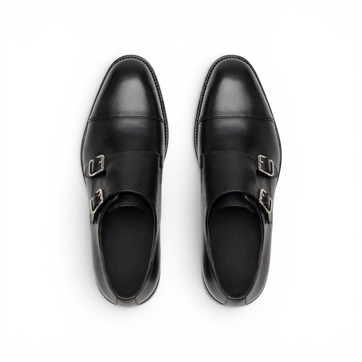 Aelito Handcrafted Black Cap Toe Double Monk Strap Formal Shoes