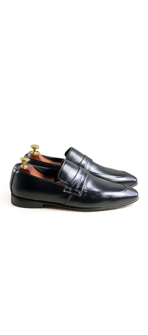 Aelito Men's Black Leather Penny Loafers - Slip-On Dress Shoes