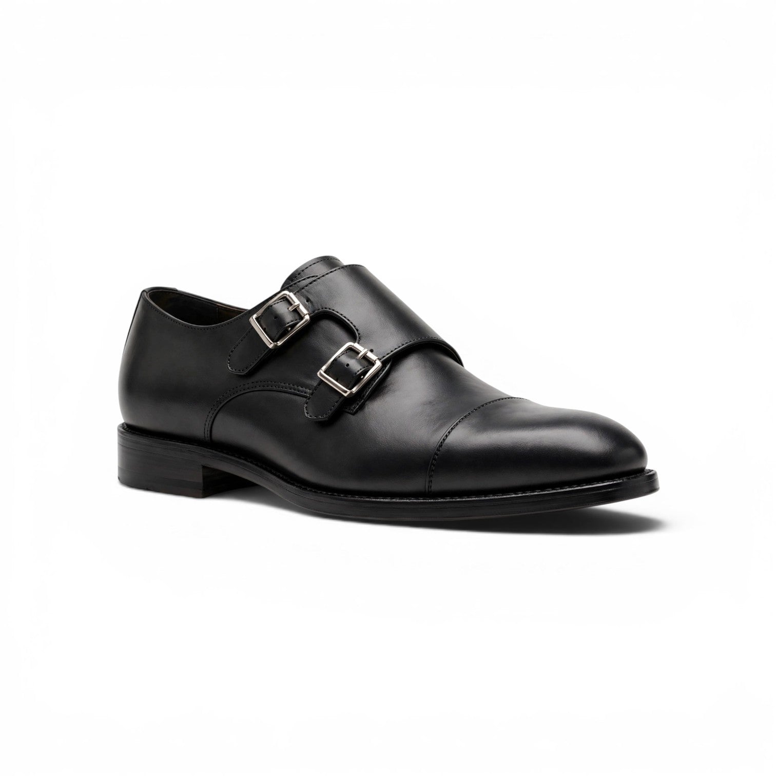 Aelito Handcrafted Black Cap Toe Double Monk Strap Formal Shoes