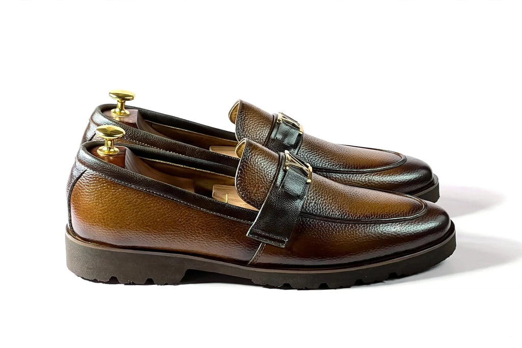 Men's Premium Brown Gradient Formal Loafers with Gold LV Buckle | Patina Leather Slip-On Dress Shoes