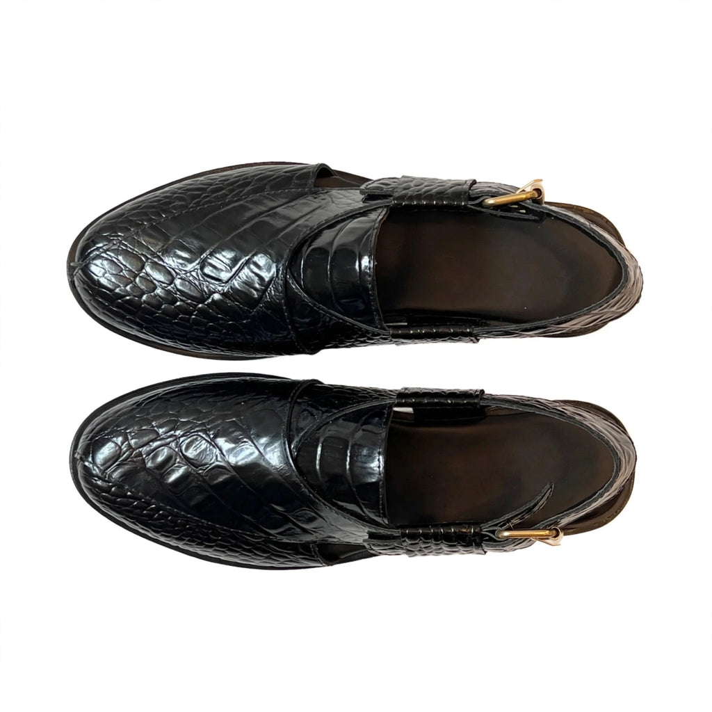 Premium Black Crocodile Texture Peshawari Chappal | Glossy Leather | Gold Buckle | Traditional Handmade