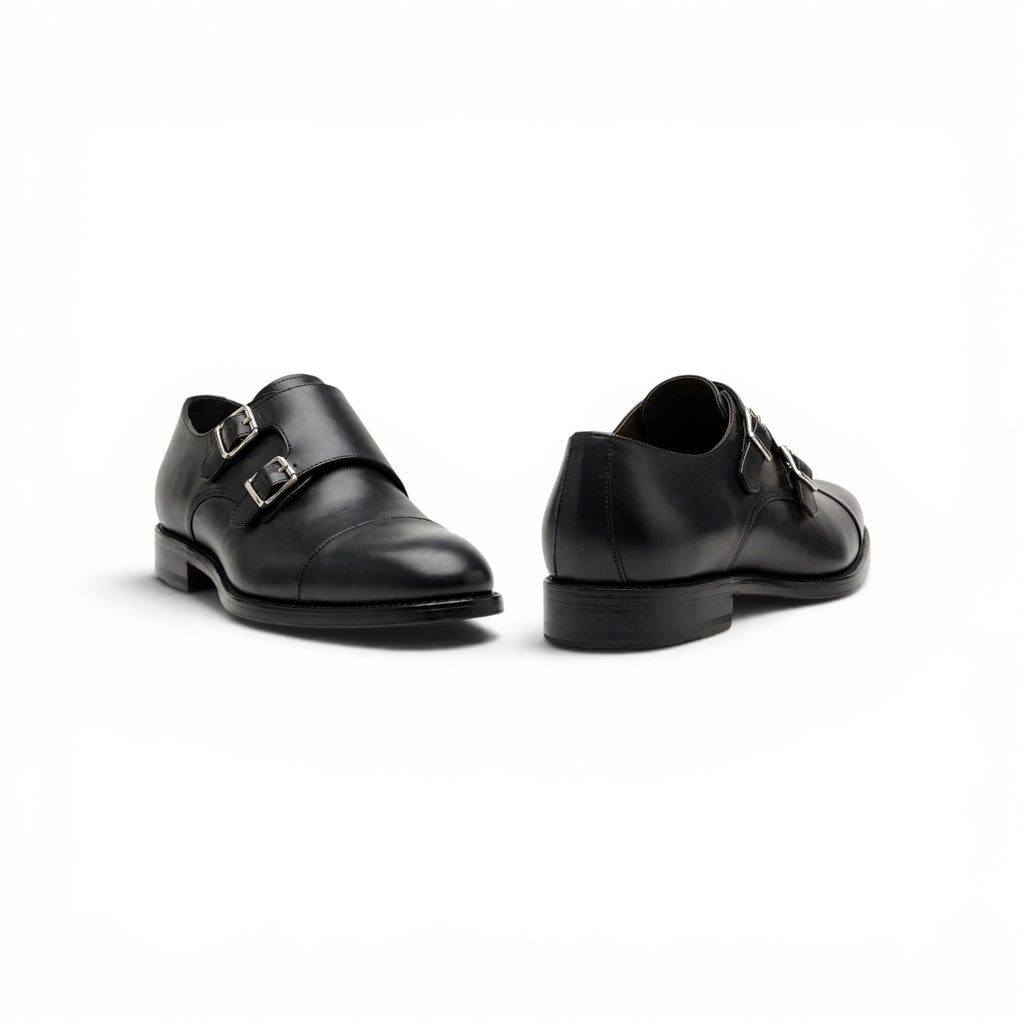 Aelito Handcrafted Black Cap Toe Double Monk Strap Formal Shoes