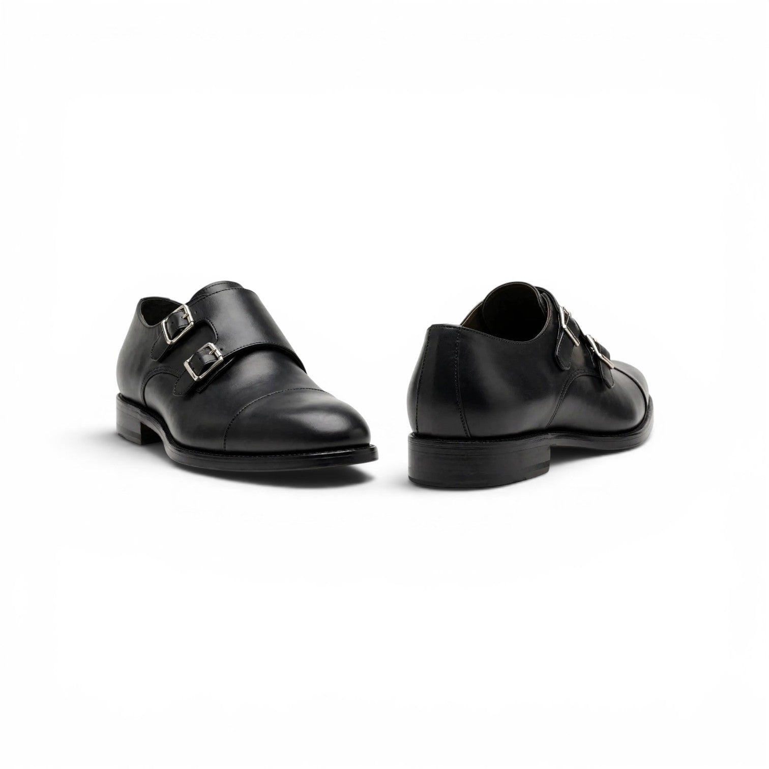 Aelito Handcrafted Black Cap Toe Double Monk Strap Formal Shoes