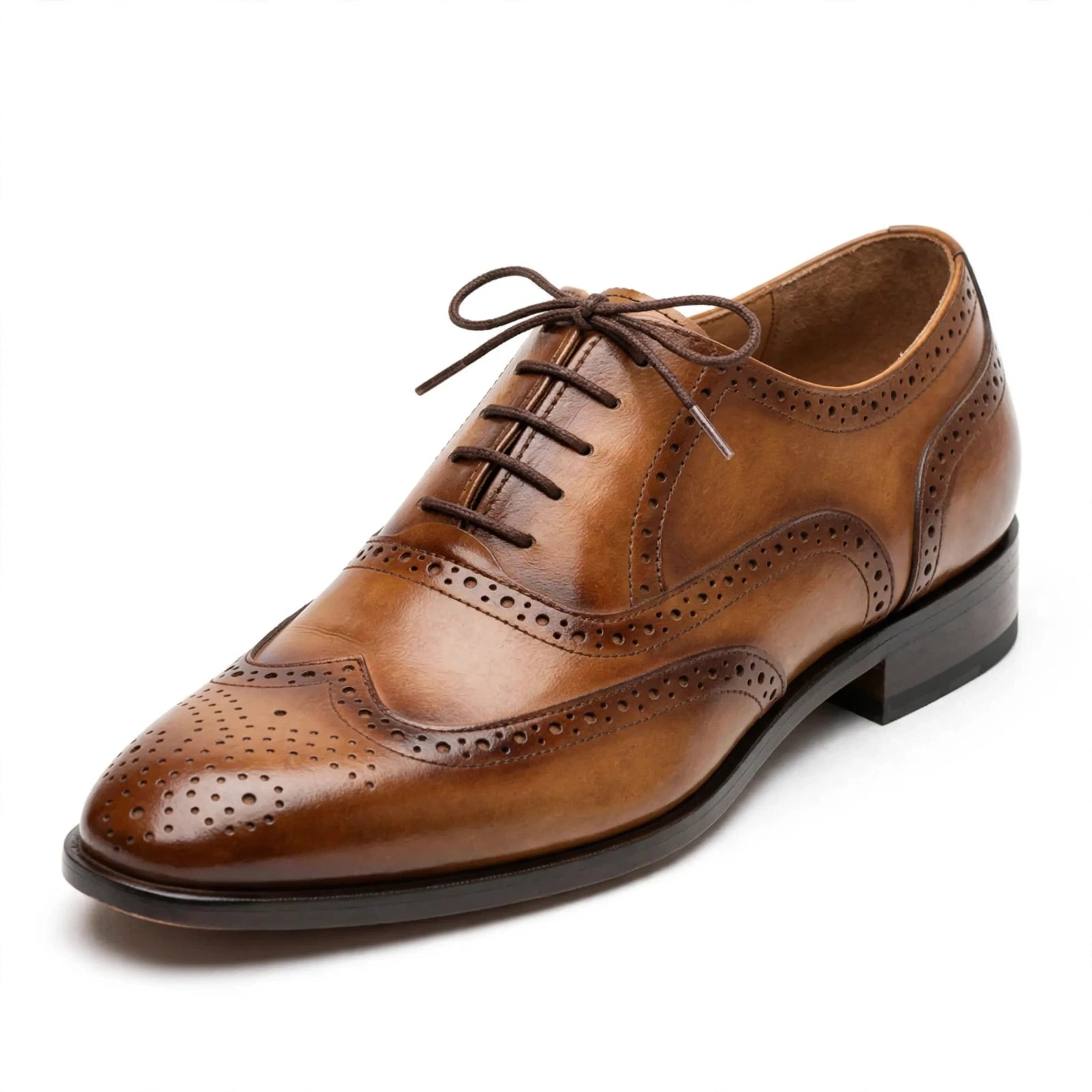 Men's Tan Brown Brogue Oxford - Burnished Wingtip Lace-Up Formal Shoes