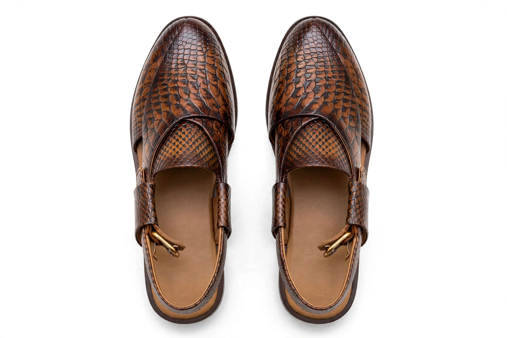 Men's Brown Python Peshawari - Crocodile Snakeskin Embossed P-Cap Chappal with Buckle Strap | Glossy Edition