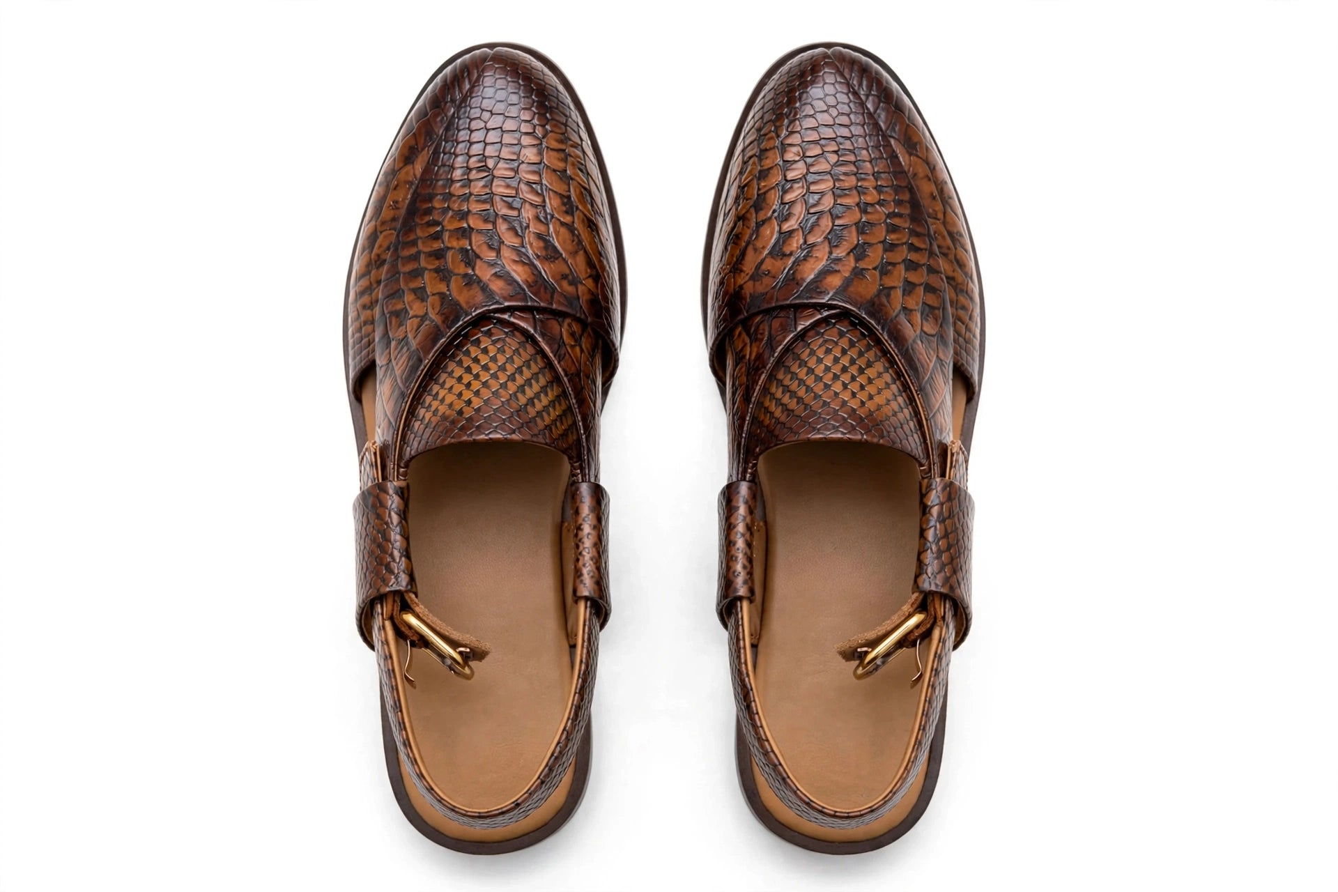 Men's Brown Python Peshawari - Crocodile Snakeskin Embossed P-Cap Chappal with Buckle Strap | Glossy Edition