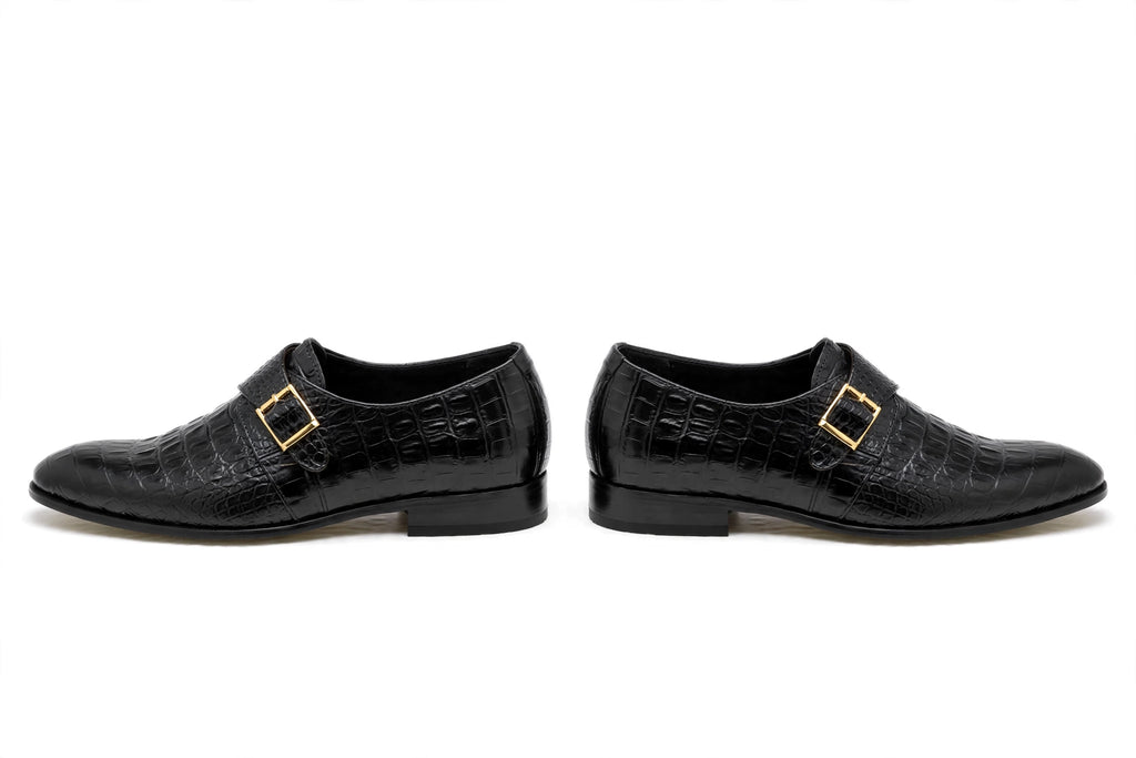Men's Black Crocodile Monk Strap Loafers - Glossy Formal Dress Shoes with Gold Buckle | All Black Premium Leather