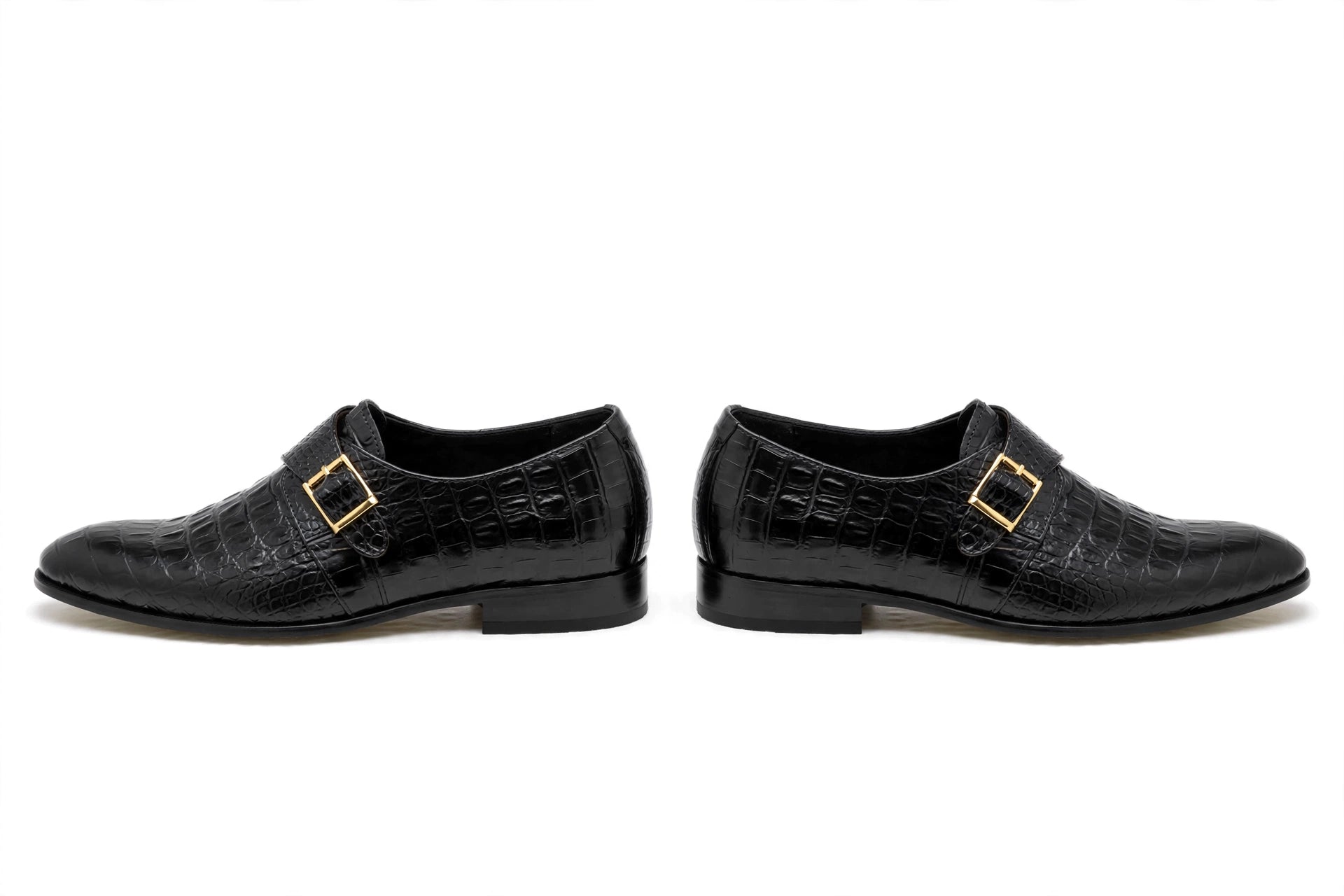 Men's Black Crocodile Monk Strap Loafers - Glossy Formal Dress Shoes with Gold Buckle | All Black Premium Leather