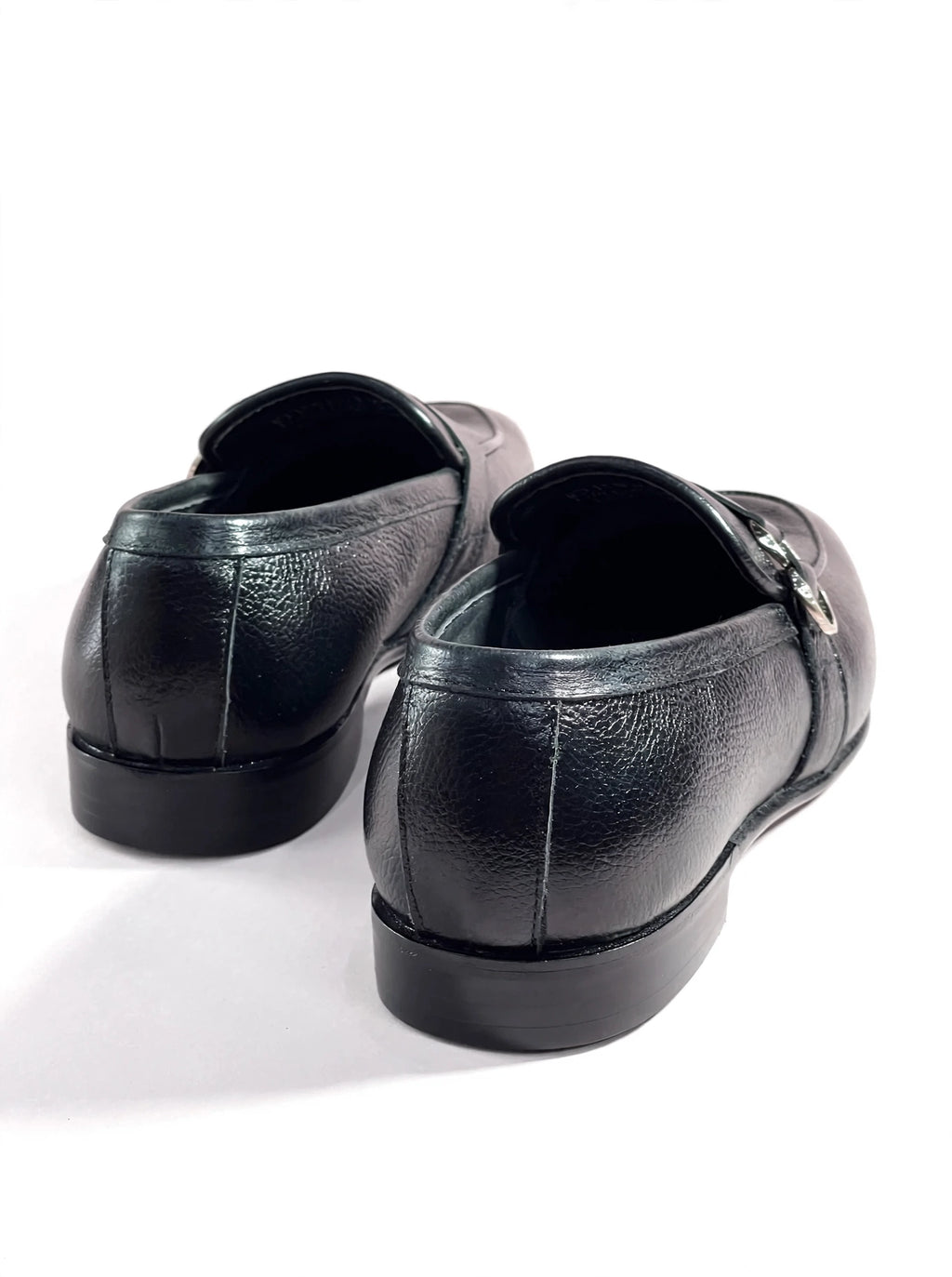 Men's Black Pebbled Leather Loafers with Silver Buckle Detail