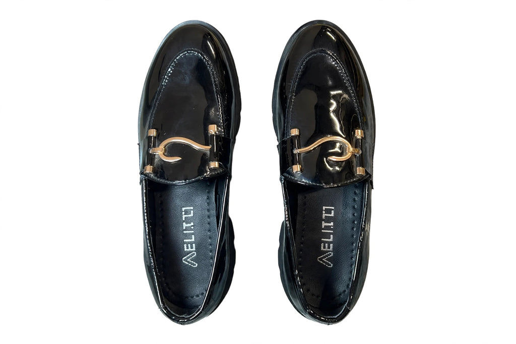 Men's Black Patent Leather Horsebit Loafers | Gold S-Buckle Platform Loafers | Formal Slip-On Dress Shoes