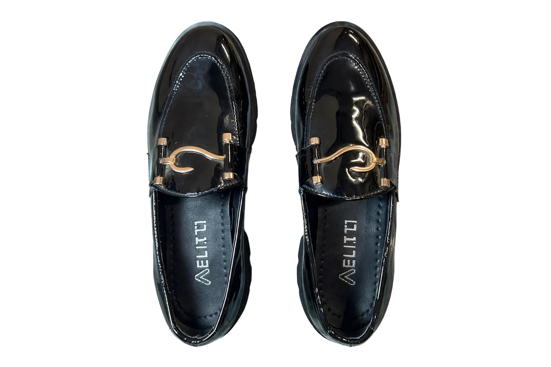 Men's Black Patent Leather Horsebit Loafers | Gold S-Buckle Platform Loafers | Formal Slip-On Dress Shoes