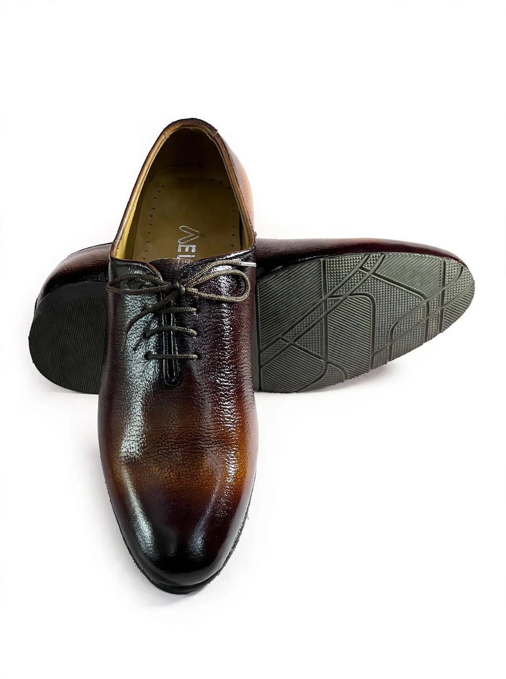 Hand-Burnished Brown Leather Oxford Dress Shoes with Textured Sole