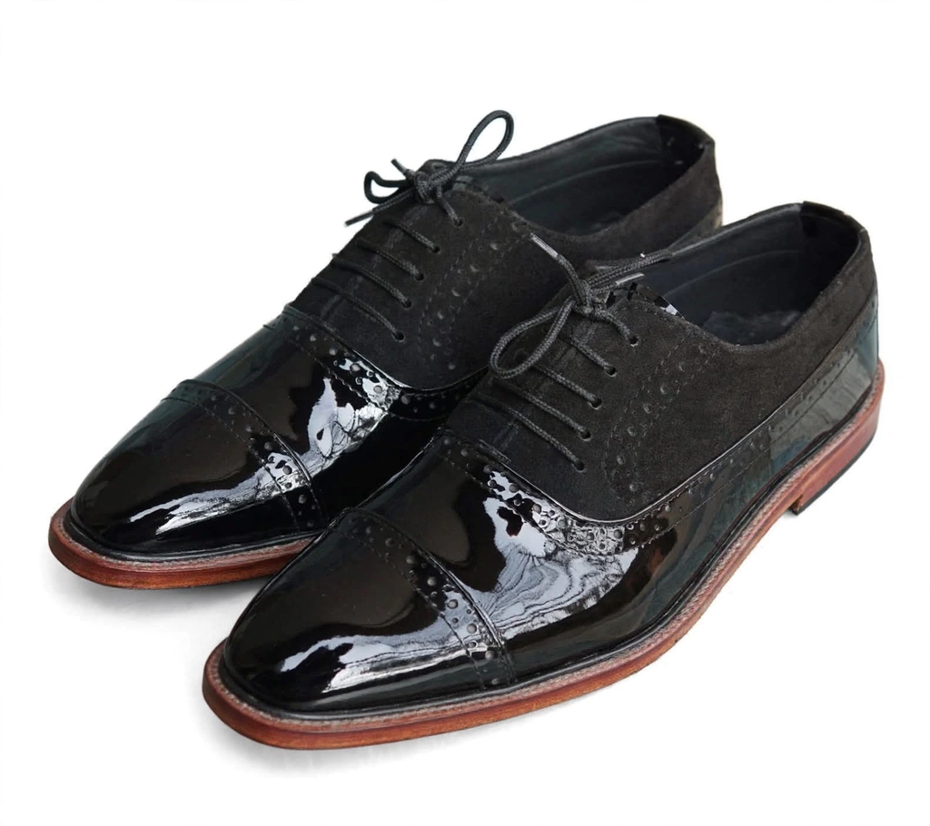 Aelito Men's Black Patent & Suede Cap-Toe Oxford Dress Shoes