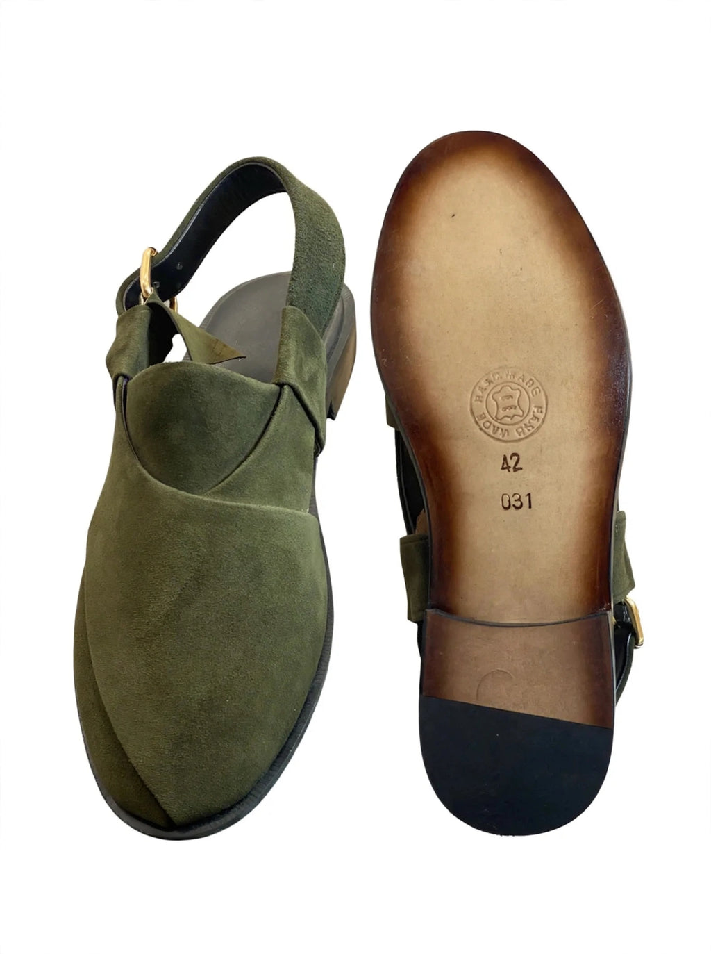 Olive Green Suede Peshawari Chappal – Handmade Slingback Sandal with Gold Buckle | Premium Suede