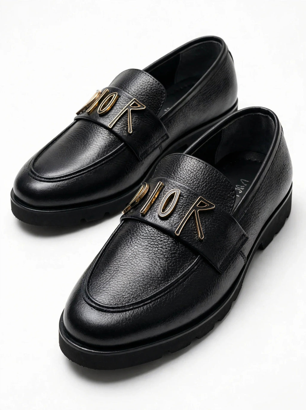 Dior Men's Black Leather Loafers with Gold Logo Detail - Classic Slip-On Formal Shoes