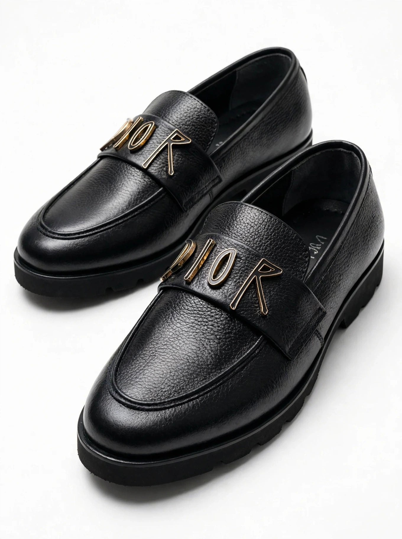Dior Men's Black Leather Loafers with Gold Logo Detail - Classic Slip-On Formal Shoes