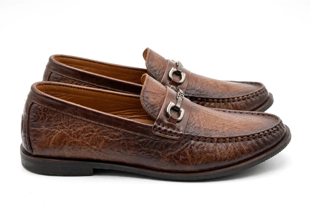 Men's Premium Brown Textured Leather Loafers with Horsebit Buckle - Formal & Casual Slip-On Shoes