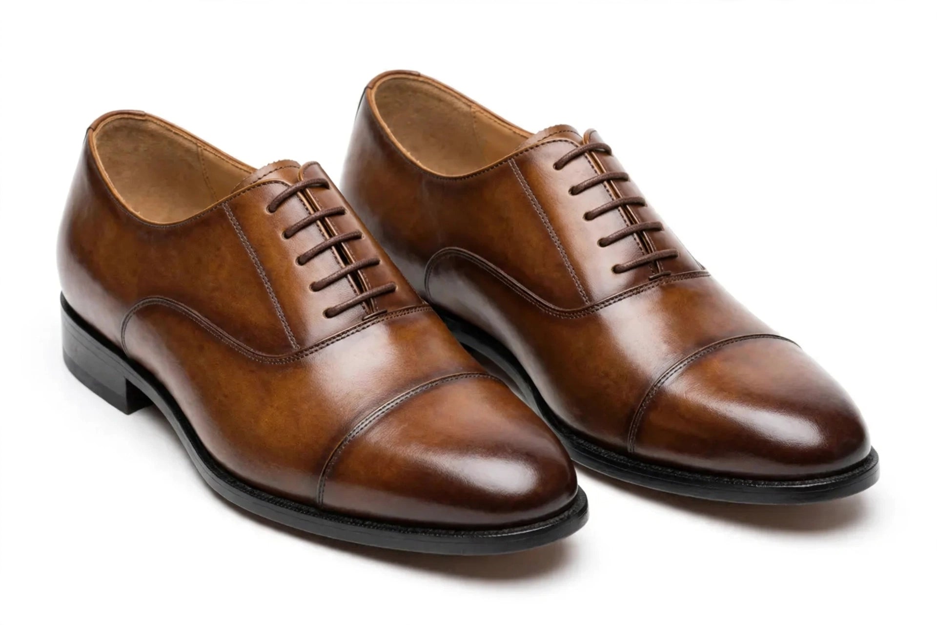 Men's Brown Cap-Toe Oxford - Hand-Burnished Formal Lace-Up Dress Shoes