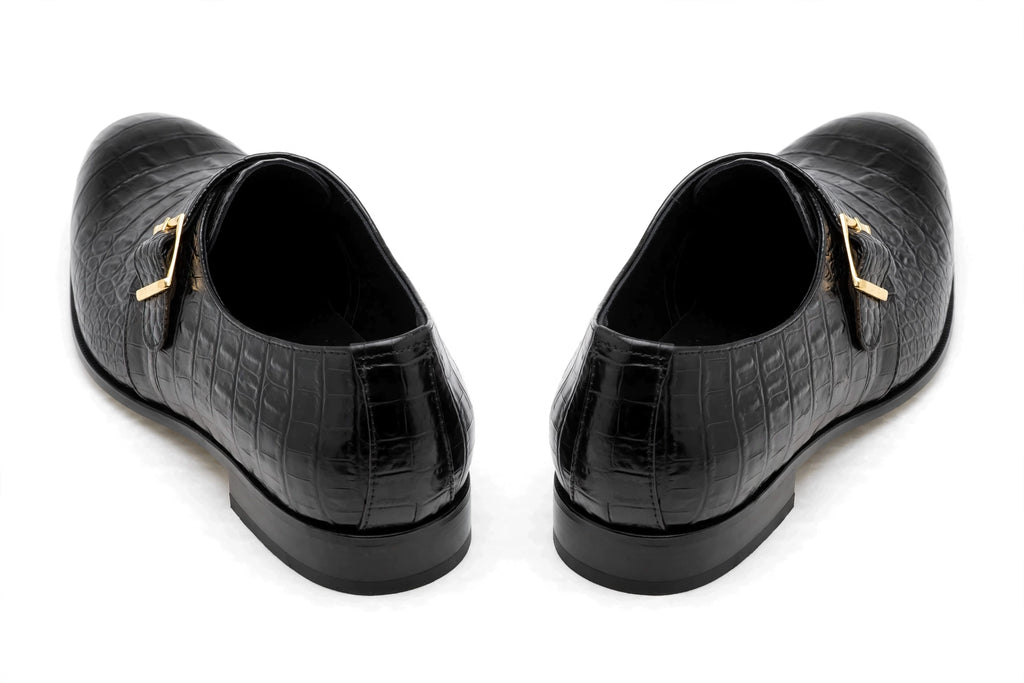 Men's Black Crocodile Monk Strap Loafers - Glossy Formal Dress Shoes with Gold Buckle | All Black Premium Leather