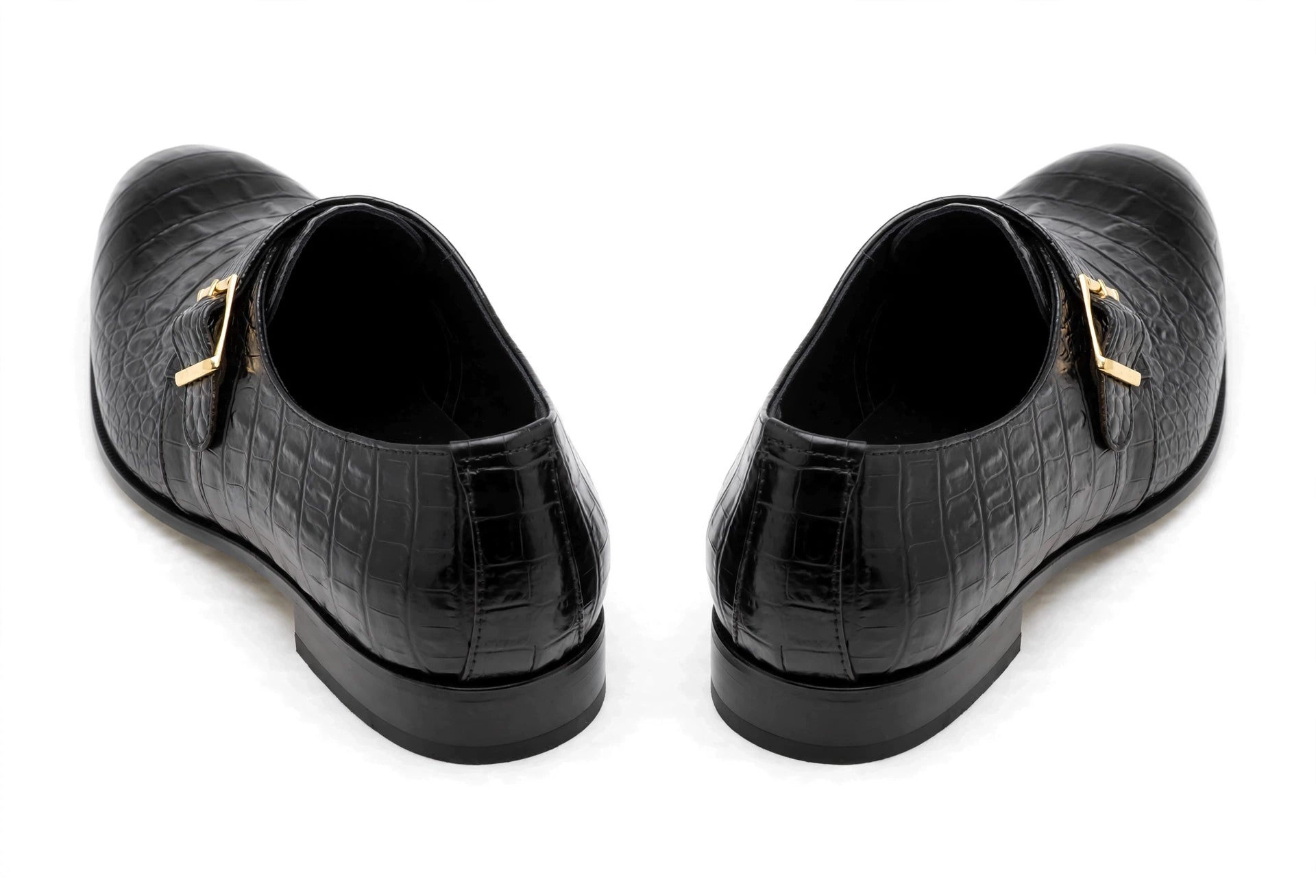 Men's Black Crocodile Monk Strap Loafers - Glossy Formal Dress Shoes with Gold Buckle | All Black Premium Leather