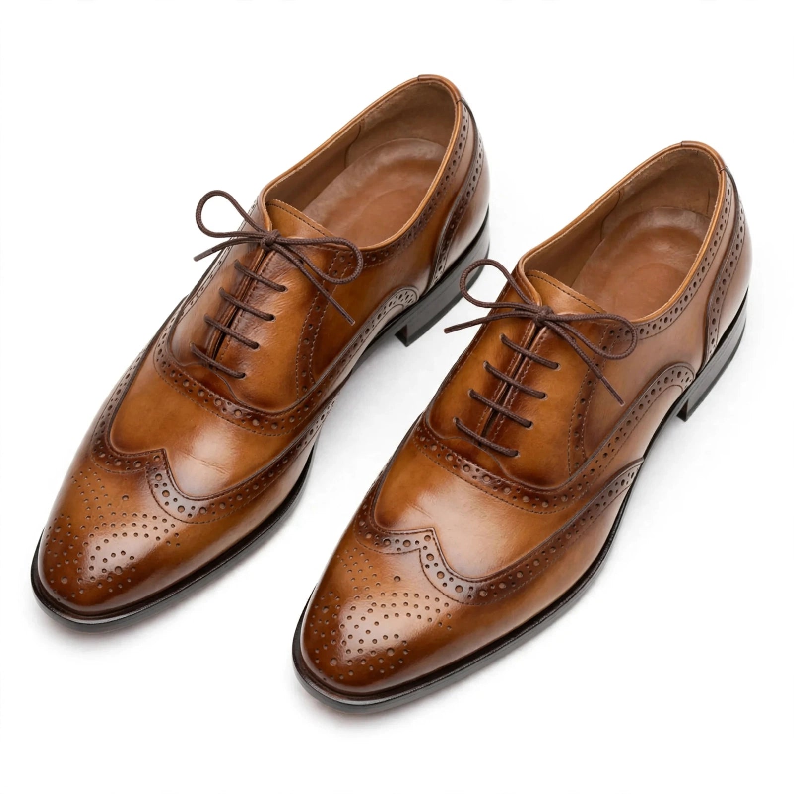 Men's Tan Brown Brogue Oxford - Burnished Wingtip Lace-Up Formal Shoes
