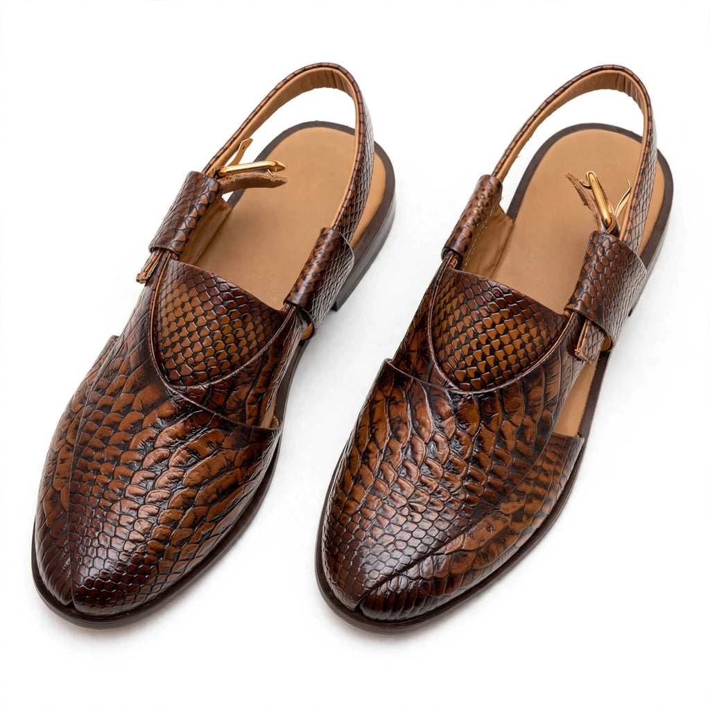 Men's Brown Python Peshawari - Crocodile Snakeskin Embossed P-Cap Chappal with Buckle Strap | Glossy Edition
