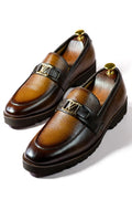 Men's Premium Brown Gradient Formal Loafers with Gold LV Buckle | Patina Leather Slip-On Dress Shoes