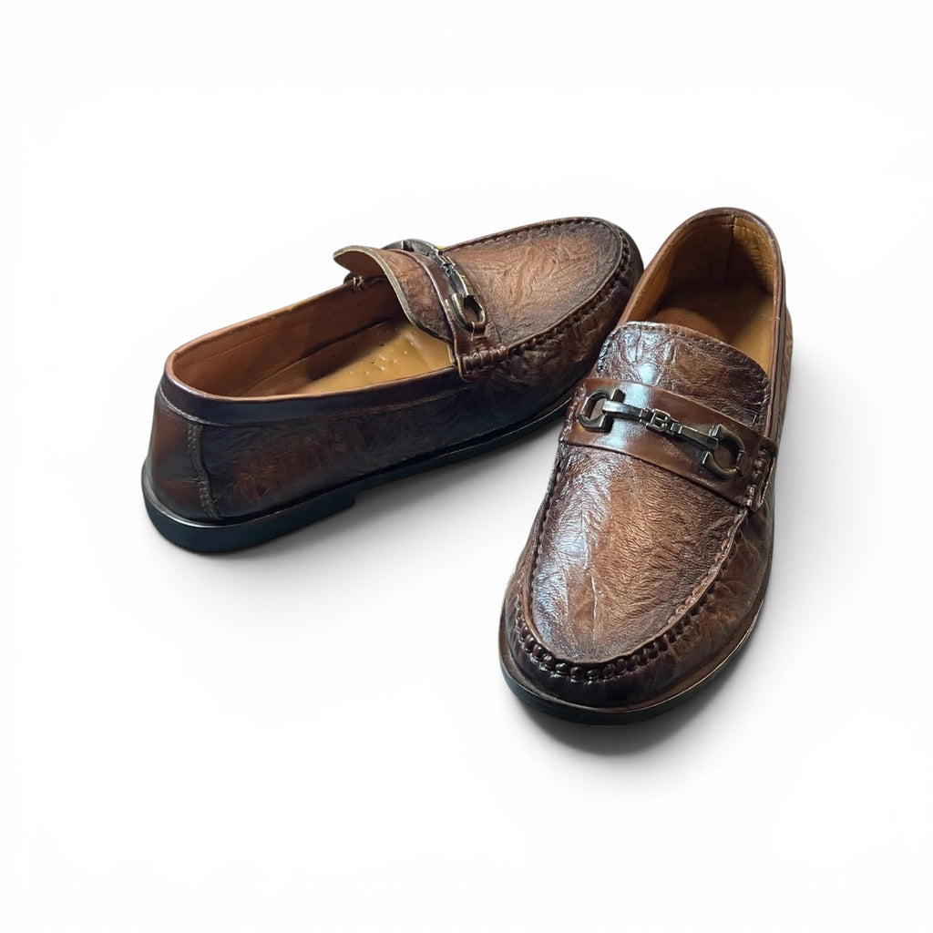 Men's Premium Brown Textured Leather Loafers with Horsebit Buckle - Formal & Casual Slip-On Shoes