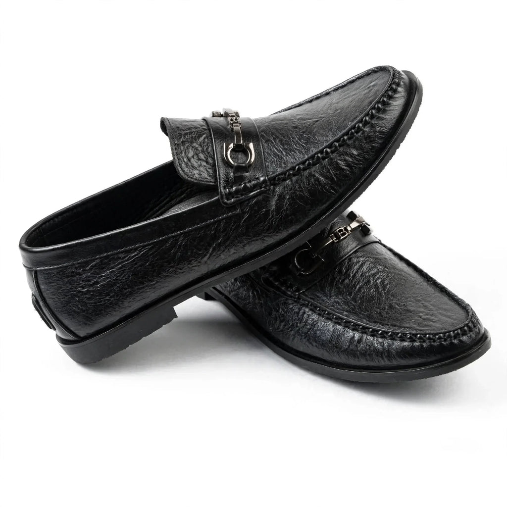 Men's Premium Black Textured Leather Loafers | Stylish Horsebit Buckle Slip-On | Formal Office