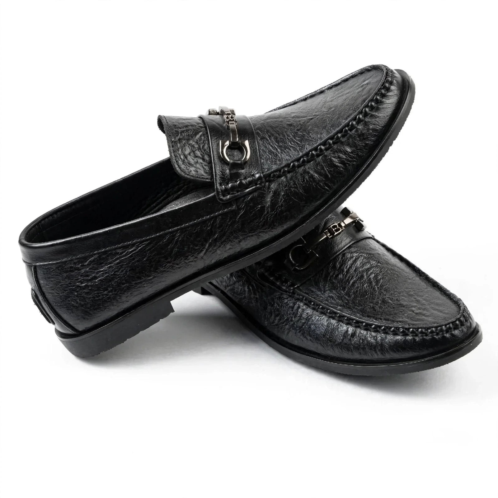 Men's Premium Black Textured Leather Loafers | Stylish Horsebit Buckle Slip-On | Formal Office